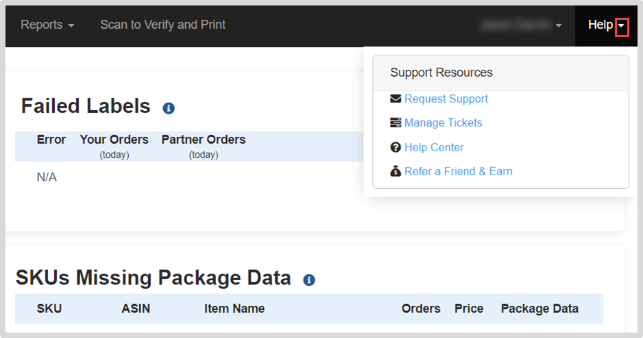 Help menu showing Request Support option