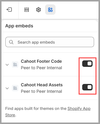 Cahoot Footer Code and Cahoot Head Assets app embeds toggled on in the Shopify theme editor