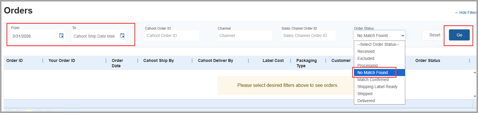 Search Orders page