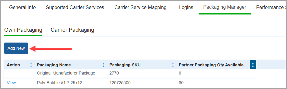 Add New button in Packaging Manager