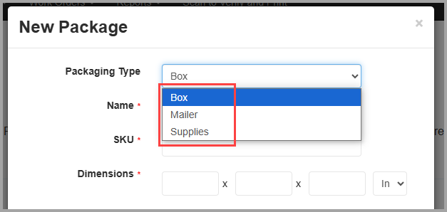 Packaging type selection dropdown