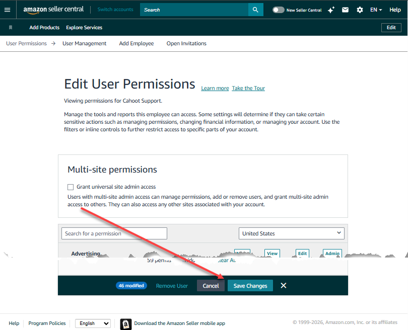 Amazon Seller Central permissions screen showing admin permissions being added