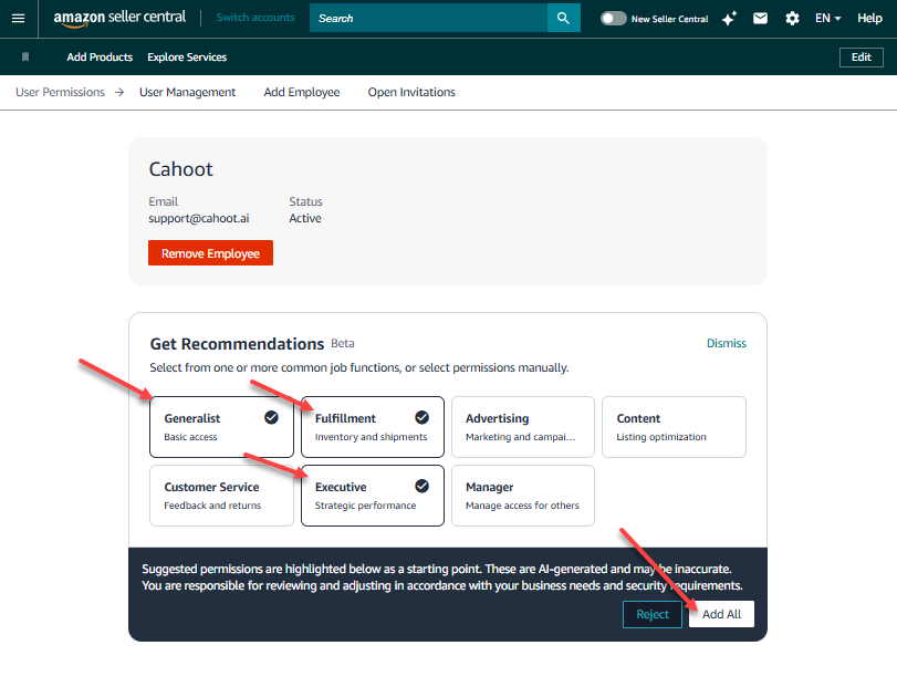 Amazon permissions page showing Generalist, Fulfillment, and Performance Executive permissions selected