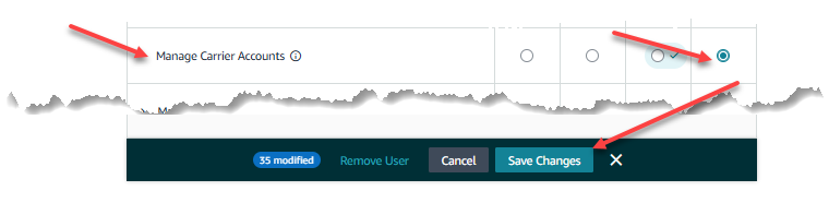 Amazon admin permissions section showing Manage Carrier Accounts enabled