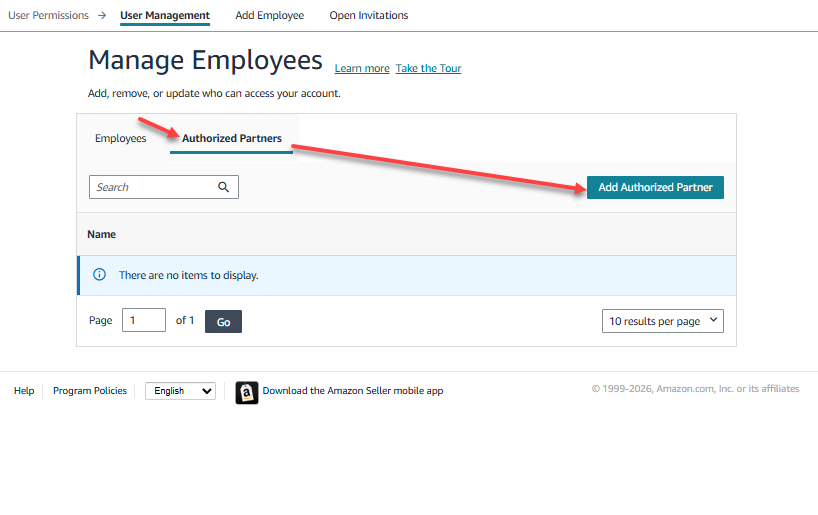 Amazon Seller Central Authorized Partners tab with Add Authorized Partner button