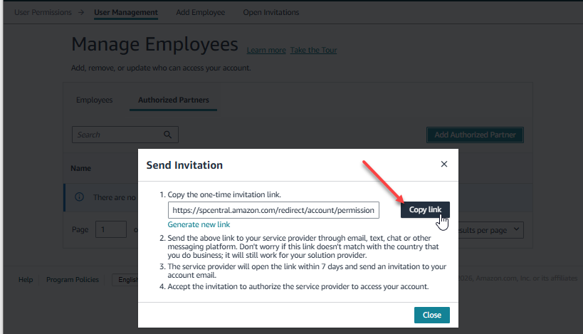 Amazon Seller Central authorized partner invite screen with Copy link and Send Invite options