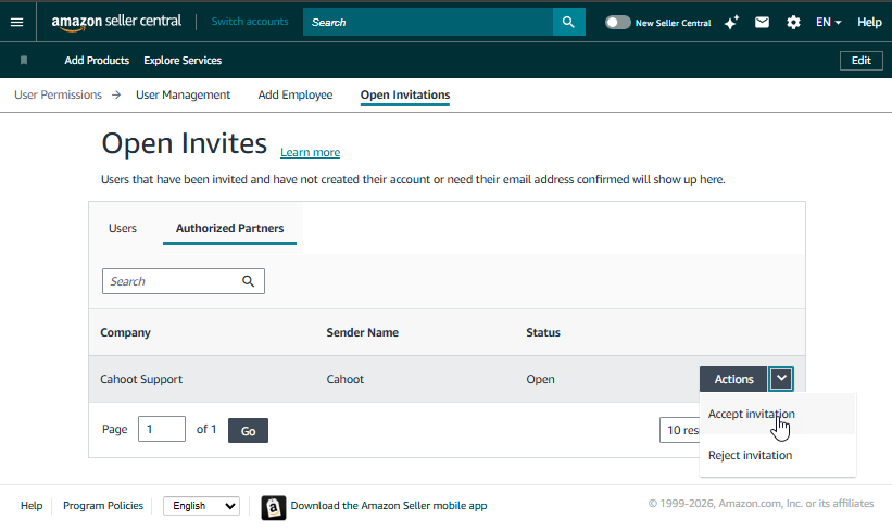 Amazon Seller Central Authorized Partners tab with Accept Invitation option