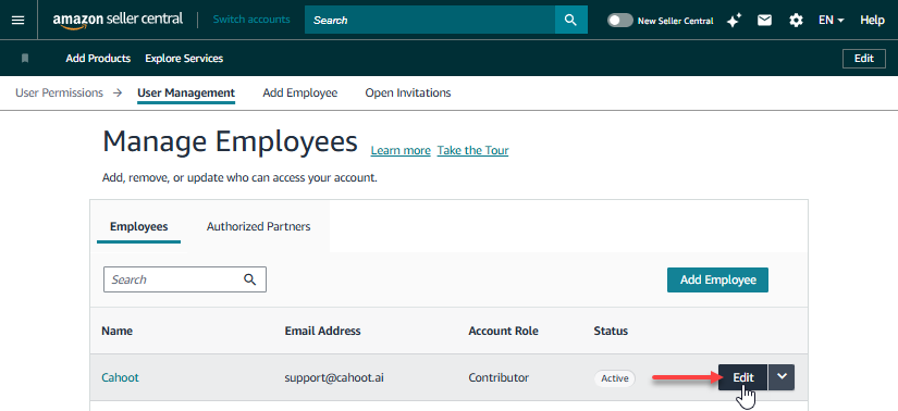 Amazon User Permissions page with Edit option for the Cahoot user
