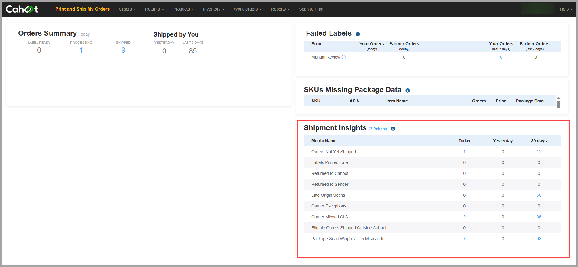 Shipment Insights section on the Cahoot Dashboard with Refresh button