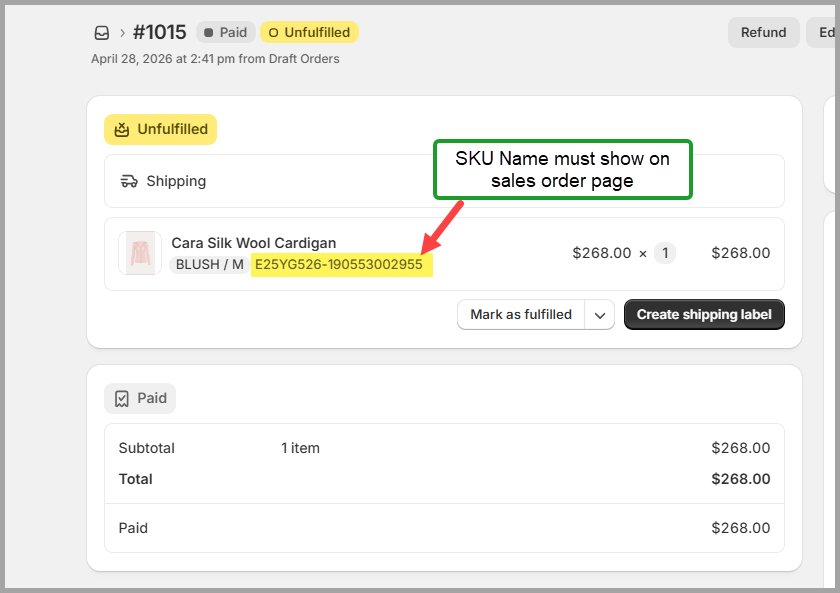 Shopify Order page showing SKU Value