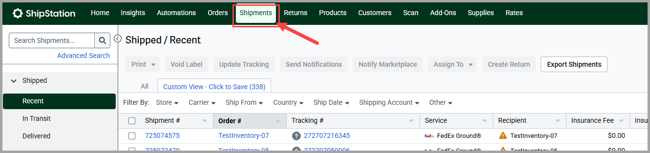 ShipStation Shipments tab in the top navigation
