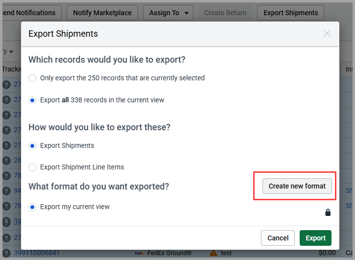 Export Shipments dialog with Create new format button