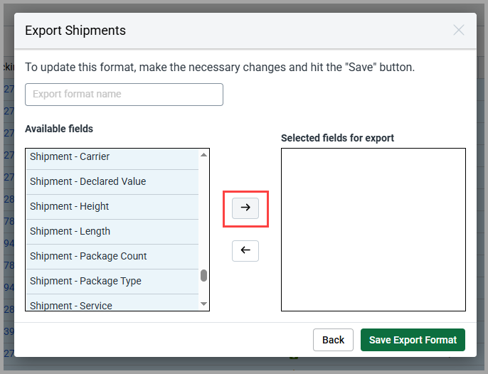 Custom export format field selector with Available fields and Selected fields