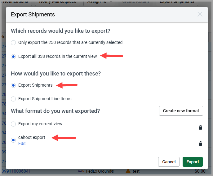 Export Shipments dialog configured to export all records using custom format