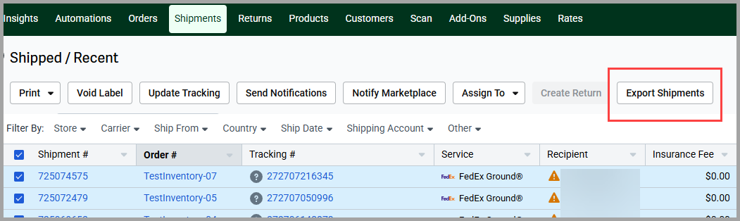 Export Shipments button at the top of the Shipments grid