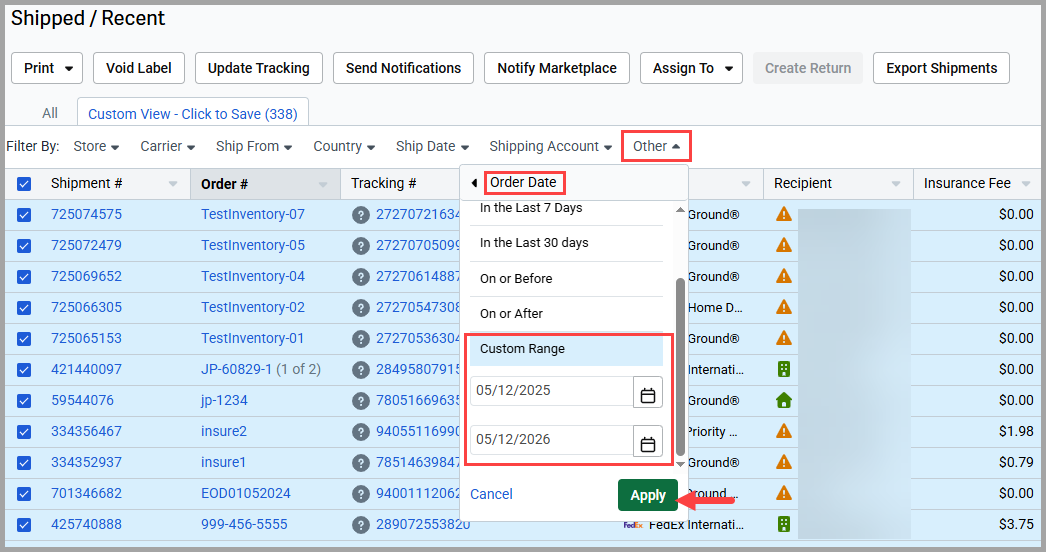 Filter By menu with Custom Range date picker for Order Date
