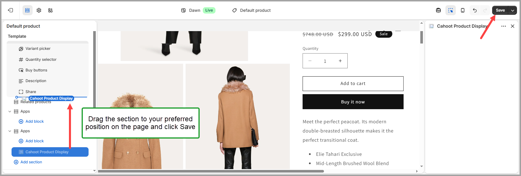Cahoot Product Display section selected from the app sections list in the Shopify theme editor