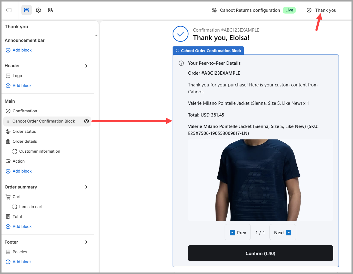 Cahoot Product Display section selected from the app sections list in the Shopify theme editor