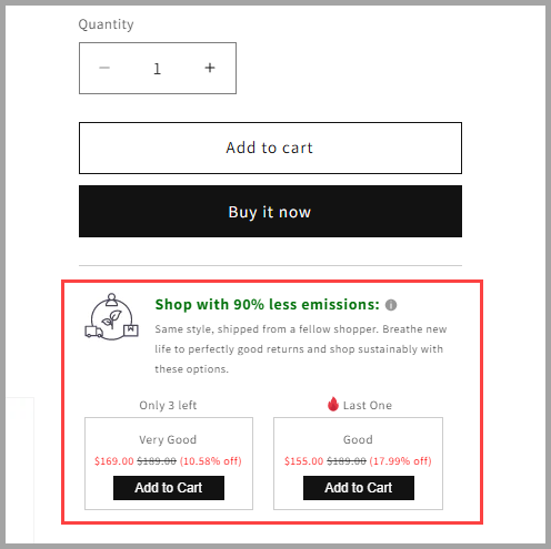 Like New product listing displayed below the Buy button on a Shopify product page