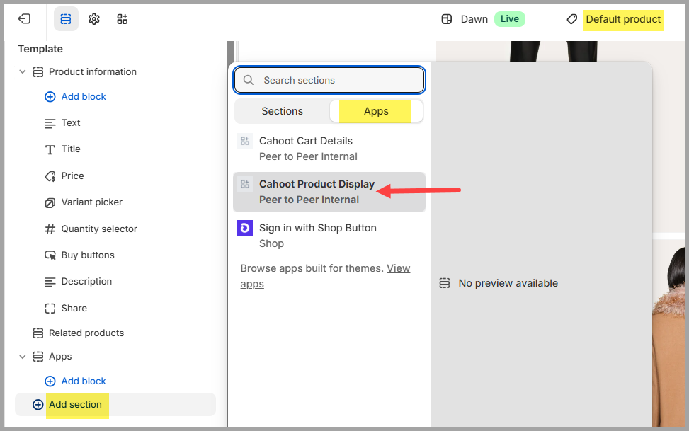 Clicking Add Section in the Shopify theme editor to add the Cahoot Product Display section