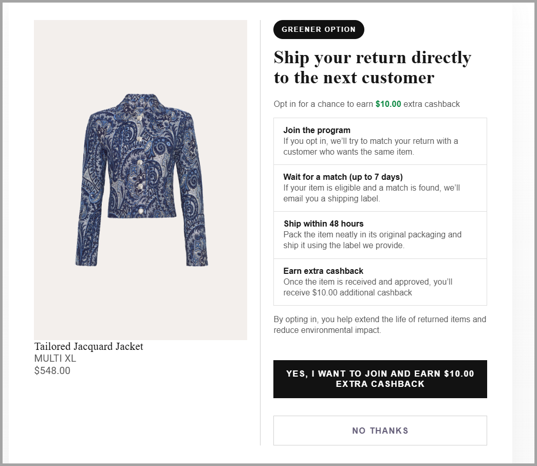 Returns portal showing the peer-to-peer opt-in offer with cashback incentive, which appears only for P2P-eligible products