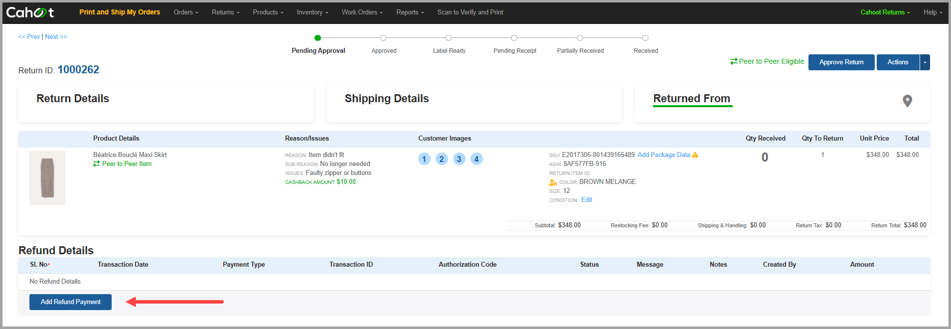 The Add Refund Payment button in the Refund Details section of a return in Cahoot
