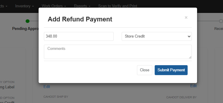 The Add Refund Payment popup showing the prepopulated amount and the payment type dropdown