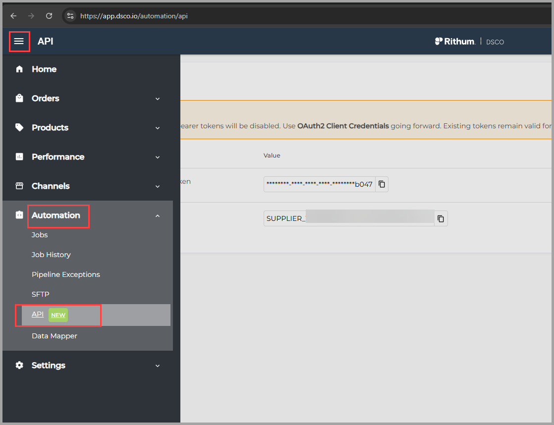 Dsco left navigation with Automation expanded and API selected