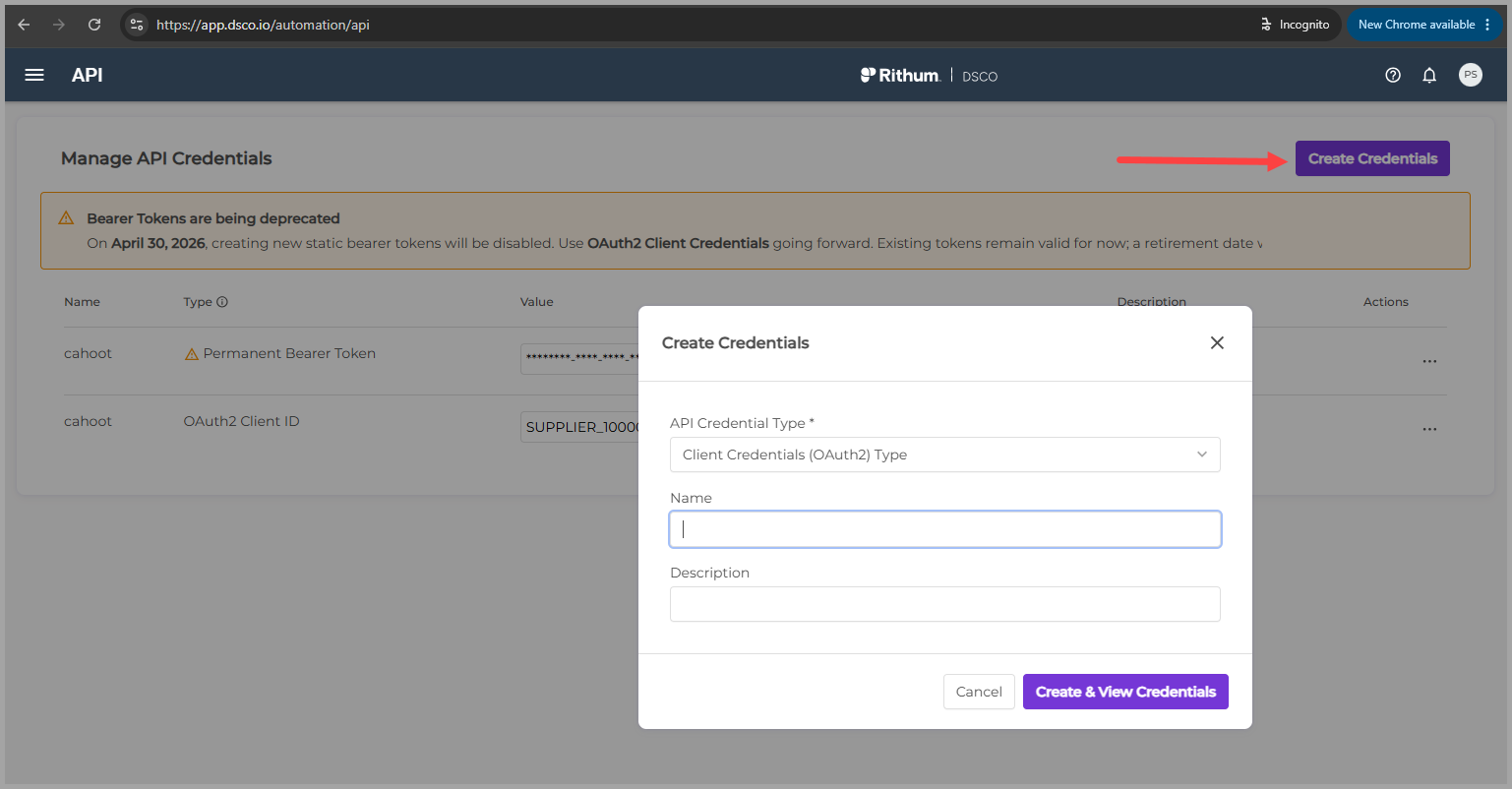Create Credentials dialog with Client Credentials OAuth2 Type selected and the name Cahoot entered