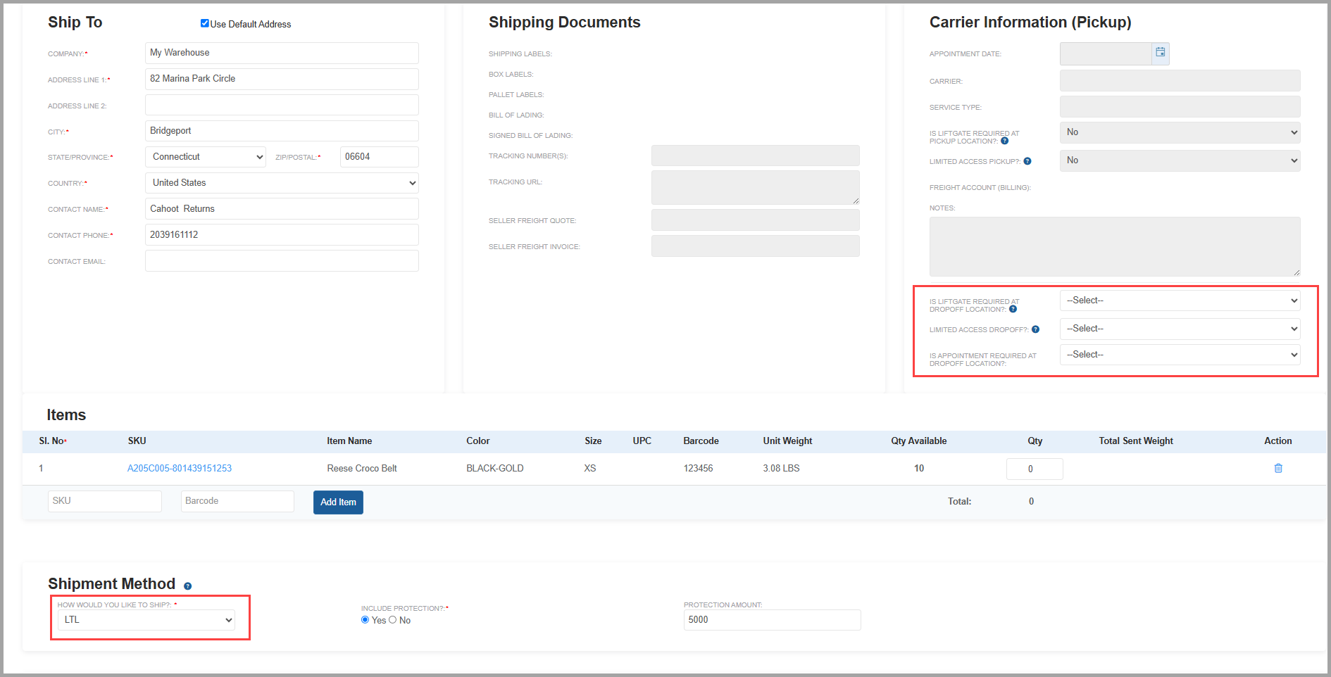 Shipment Method dropdown showing LTL and FTL options, with liftgate, limited access, and appointment questions above