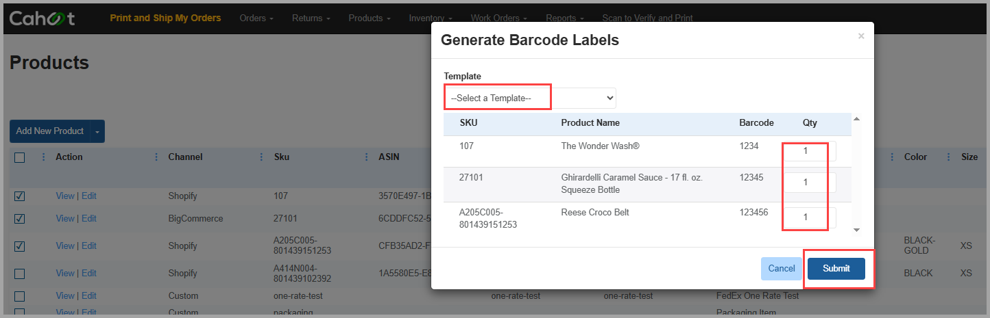 The Generate Barcode Labels window with the Template and Qty fields for the selected SKU