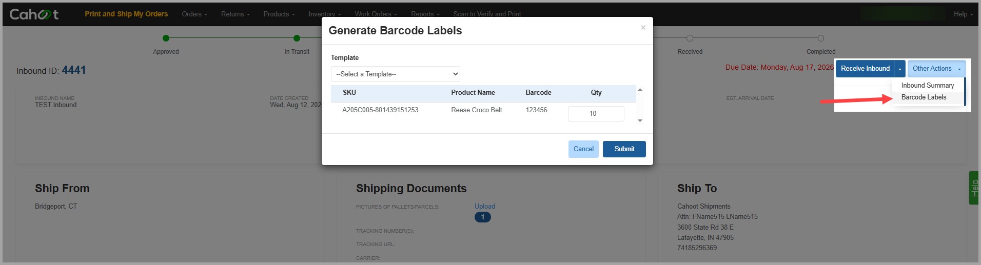 Selecting Barcode Labels from the Other Actions menu on an inbound