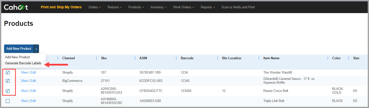 Selecting Generate Barcode Labels from the Add New Product dropdown on the Products page