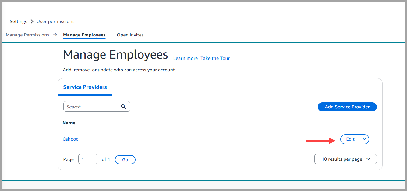 Amazon User Permissions page with Edit option for the Cahoot user