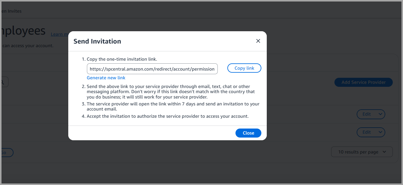 Amazon Seller Central authorized partner invite screen with Copy link and Send Invite options
