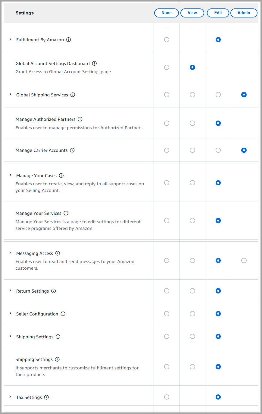 Amazon General and Shipping Settings permissions page