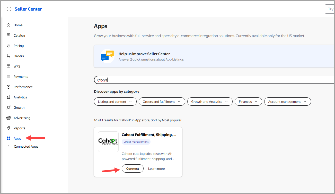 Walmart Seller Center home page with Apps highlighted in the left navigation menu