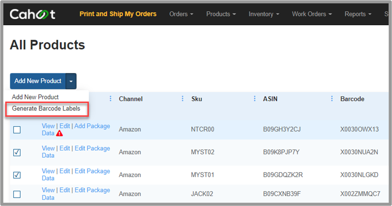 Select products and click Generate Barcode Labels