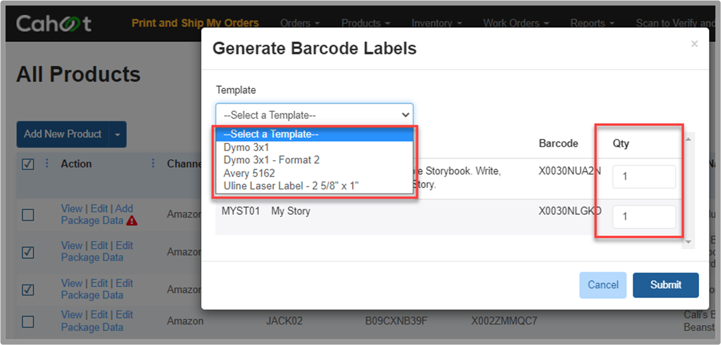 Select label template and specify quantity