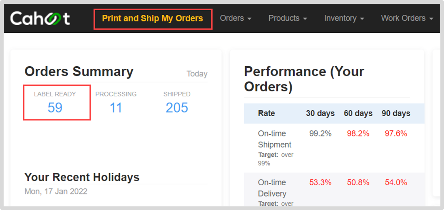 Dashboard Label Ready section