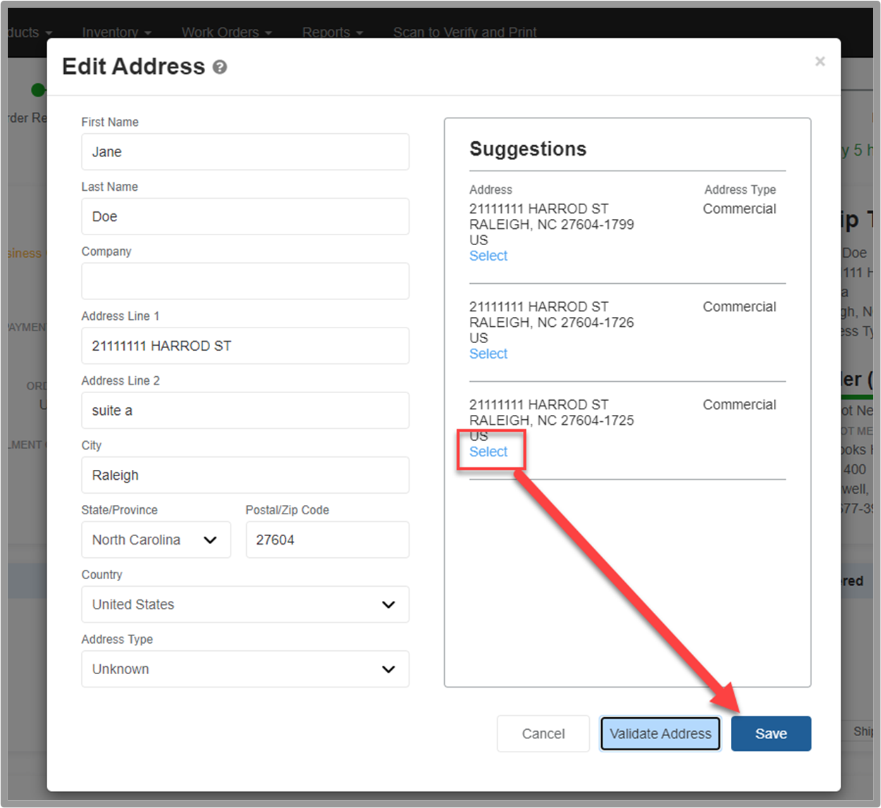 Address validation suggestions with Save button