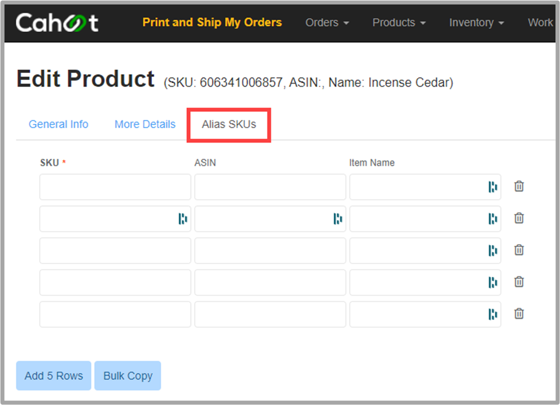 Alias SKU configuration showing SKU, ASIN, and Item Name fields