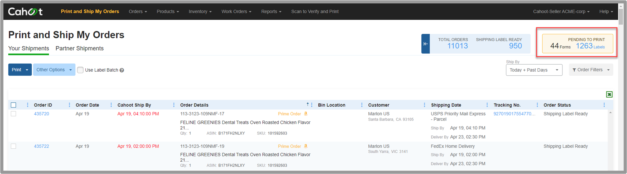 Print and Ship My Orders page showing international orders