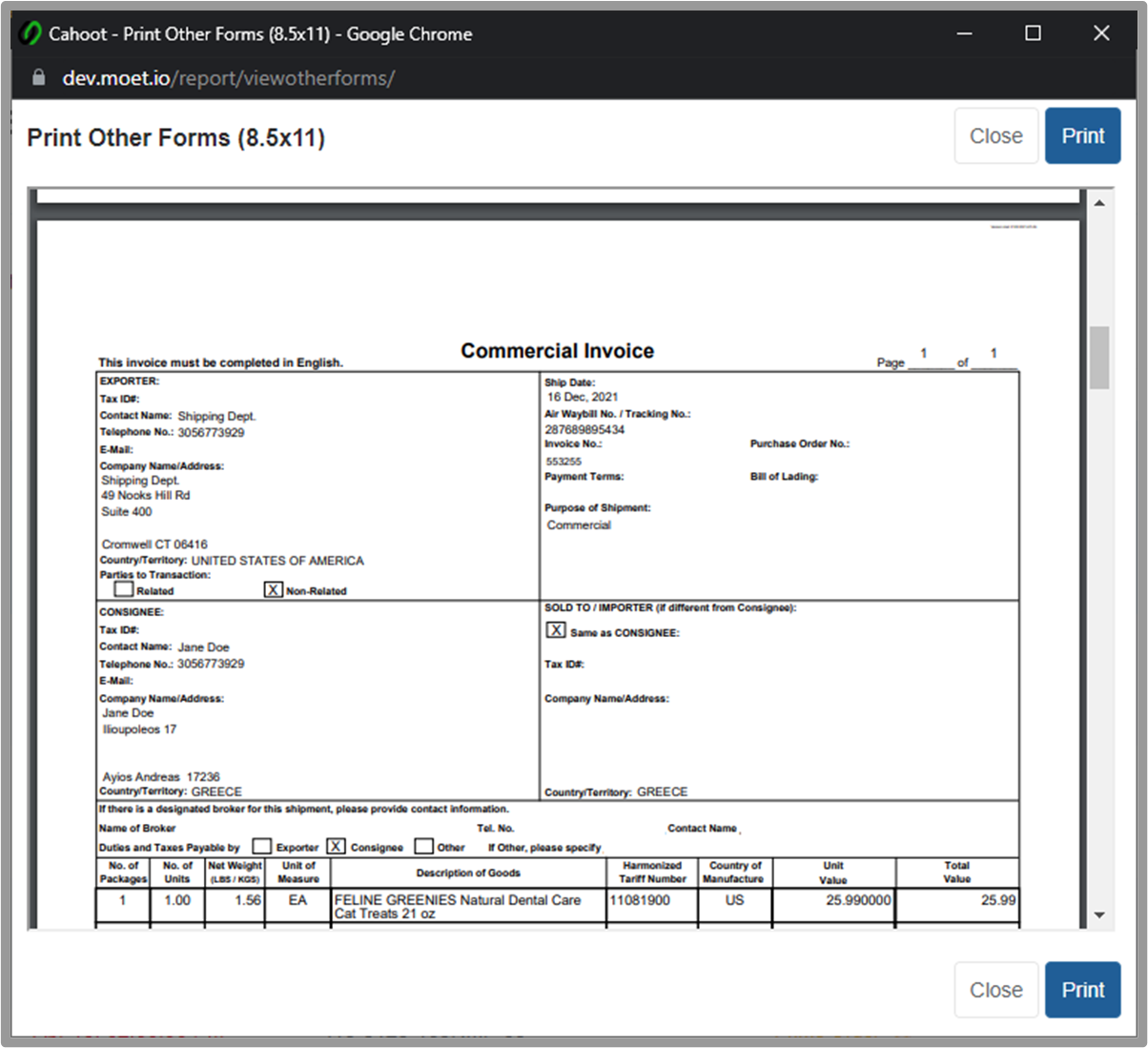 Print Other Forms dialog