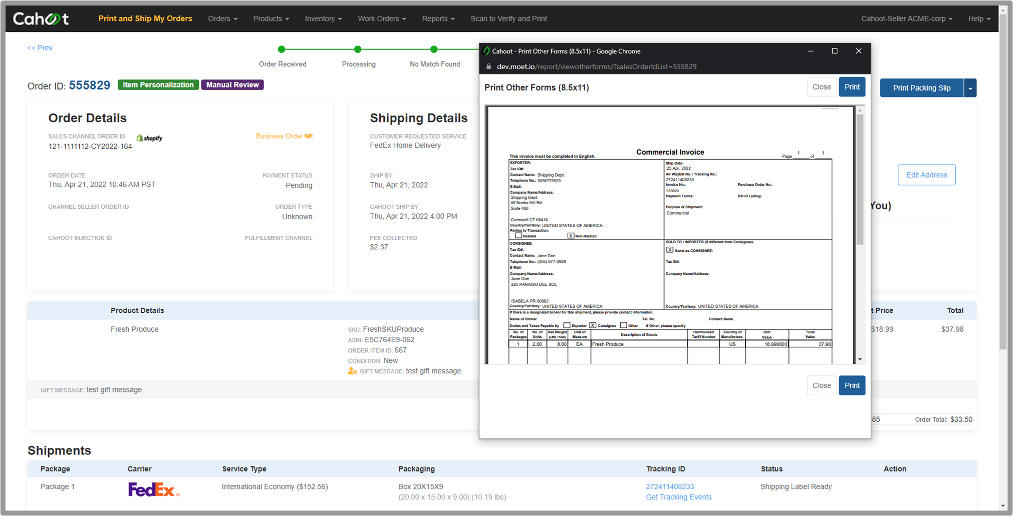 Print Other Forms dialog from order