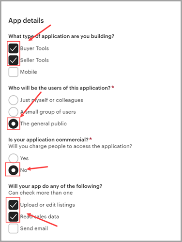 Etsy App Details form with Type of Application and other settings
