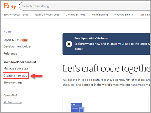 Etsy Developer Site showing Create a new app button
