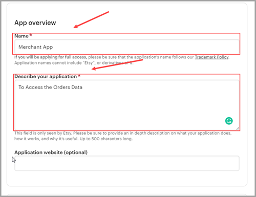 Etsy app creation form showing Name and Description fields