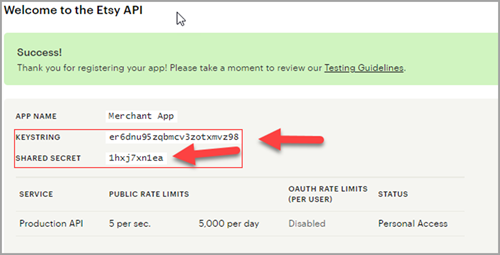 Etsy app credentials page showing API Key and API Secret
