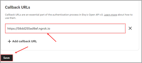 Etsy callback URL configuration page